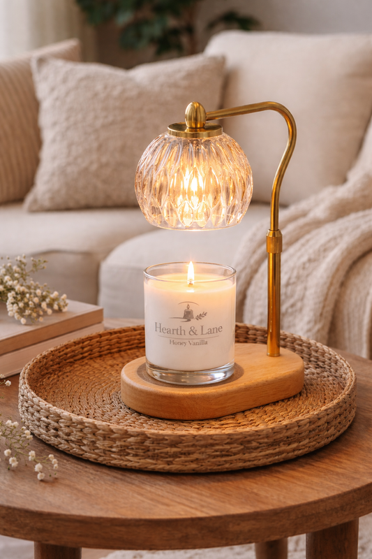 Crystal Amber Round Glass and Wood Base Candle Warmer