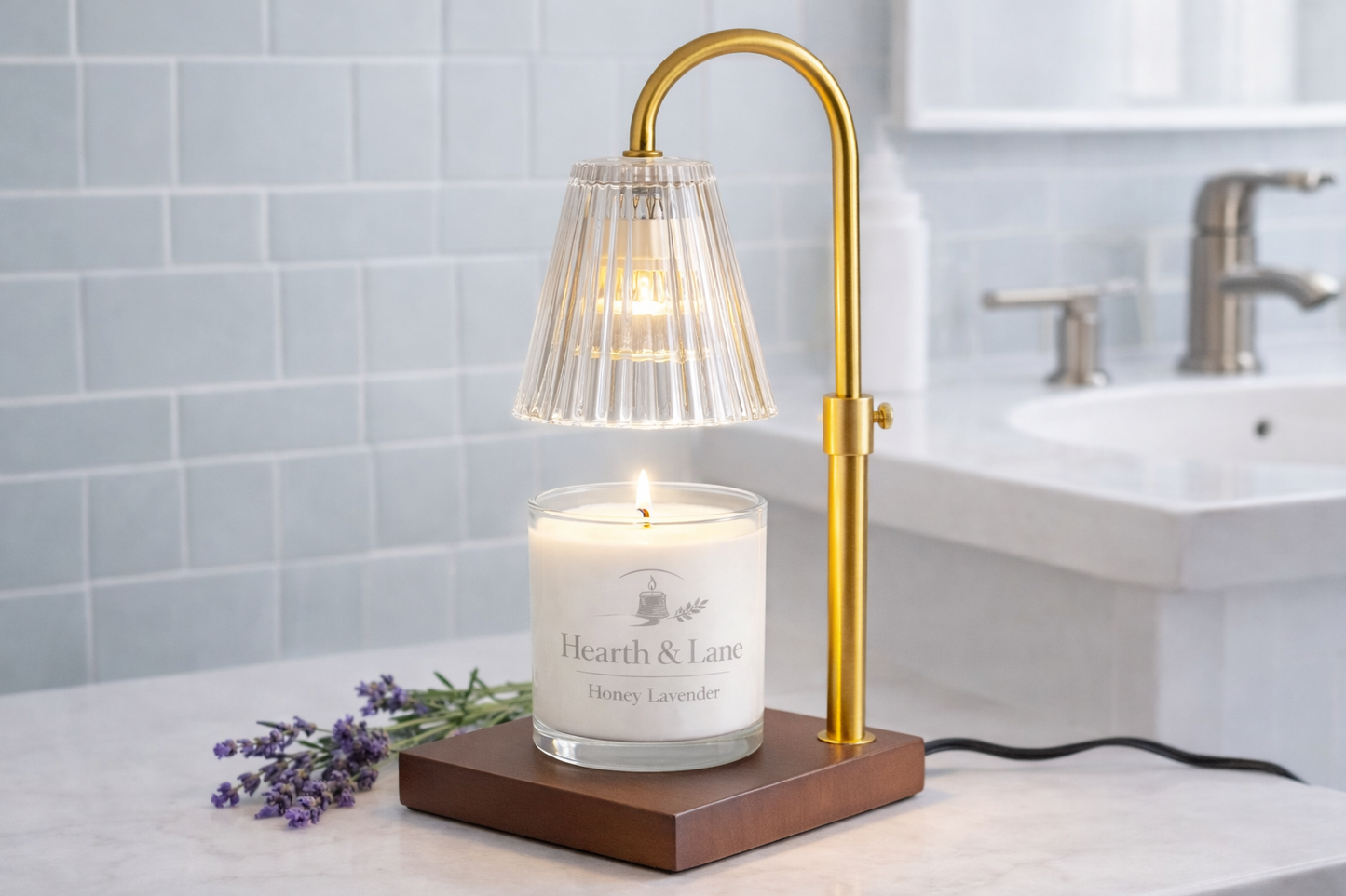 Clear Glass Candle Warmer, Dark Wood Base