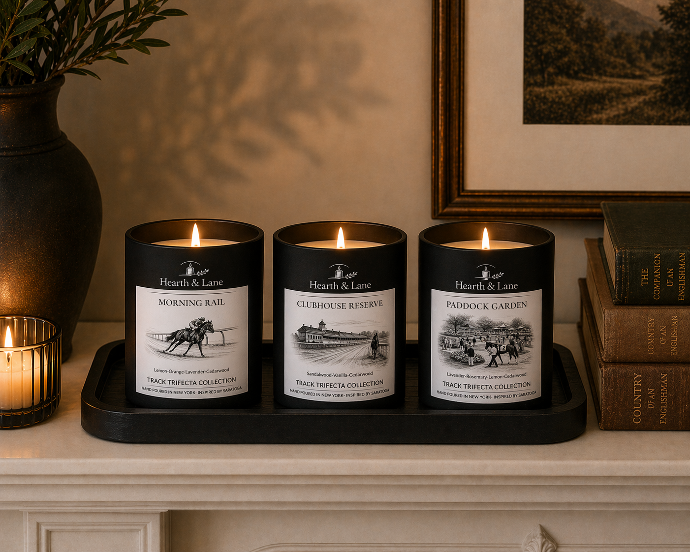 Three candles with labels on a tray on a decorative shelf.